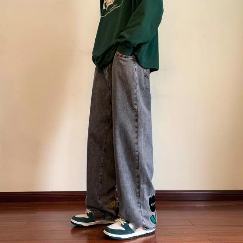 Мужские мешковатые джинсы Y2K с цветочным принтом, уличные американские повседневные джинсовые брюки, прямые брюки Hombre Vintage