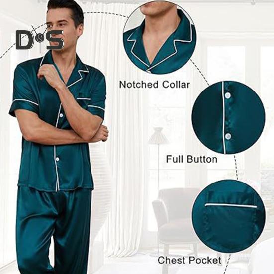 2 шт./компл. шелковый атласный мужской пижамный комплект с воротником-стойкой на пуговицах, верх пижамы с нагрудным карманом, эластичный пояс, комплект одежды для сна