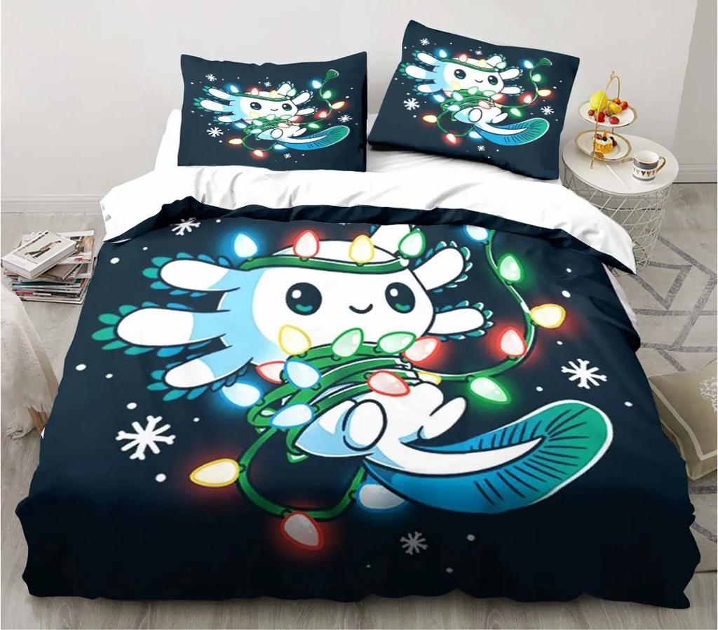 Cute Kawaii Axolotl Art Christmas Navidad Gift King Twin Double Child Customized Bedding Set Duvet Cover with Pillowcase 3 Piece
