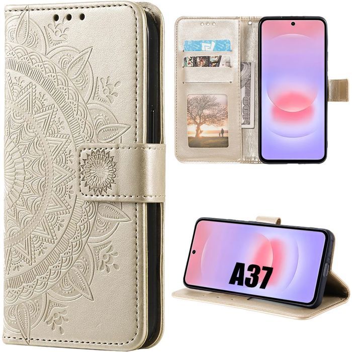 Coque pour Samsung Galaxy A37 5G, Protection Rabat Cuir Synthétique Anti-Rayures Motif Floral Doré