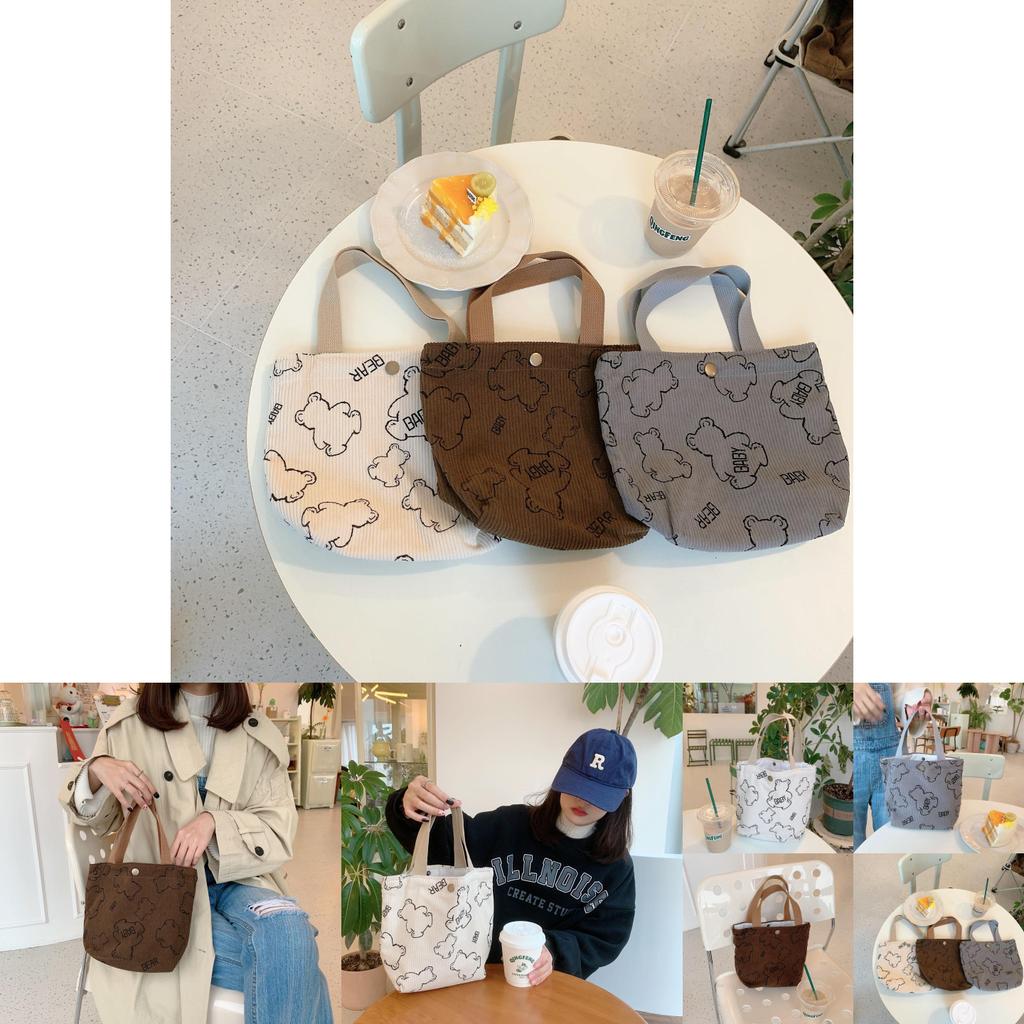 Винтажная вельветовая сумка-тоут для ланча с изображением медвежонка, портативная, большой вместимости, сумка для хранения