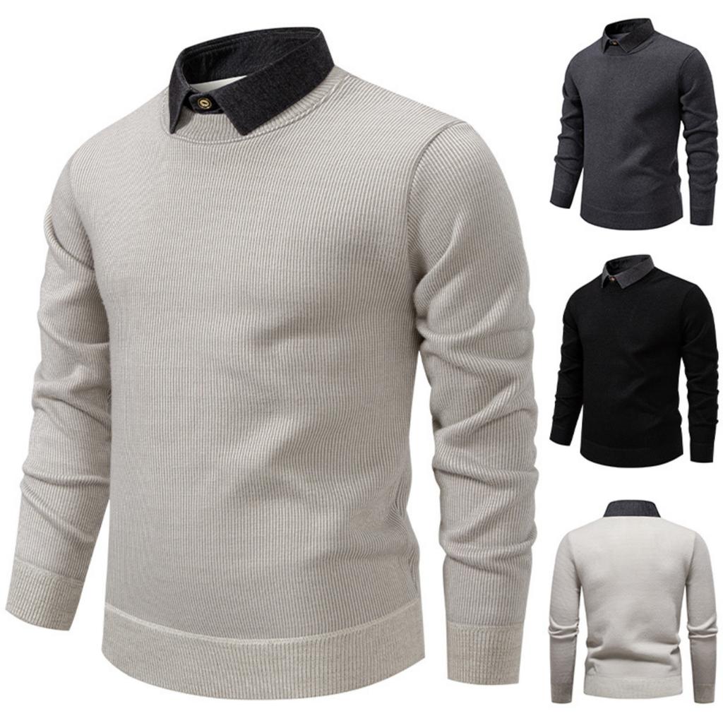 Men's Casual Patchwork Fake Two-piece Knitted Inner Sweater, Men's Warm Lapel Shirt Sweater