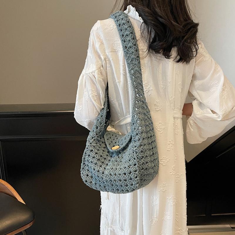 Yogodlns Женская стильная вязаная сумка через плечо, однотонная ажурная косичка, вязаная крючком сумка через плечо, летняя пляжная дорожная сумка