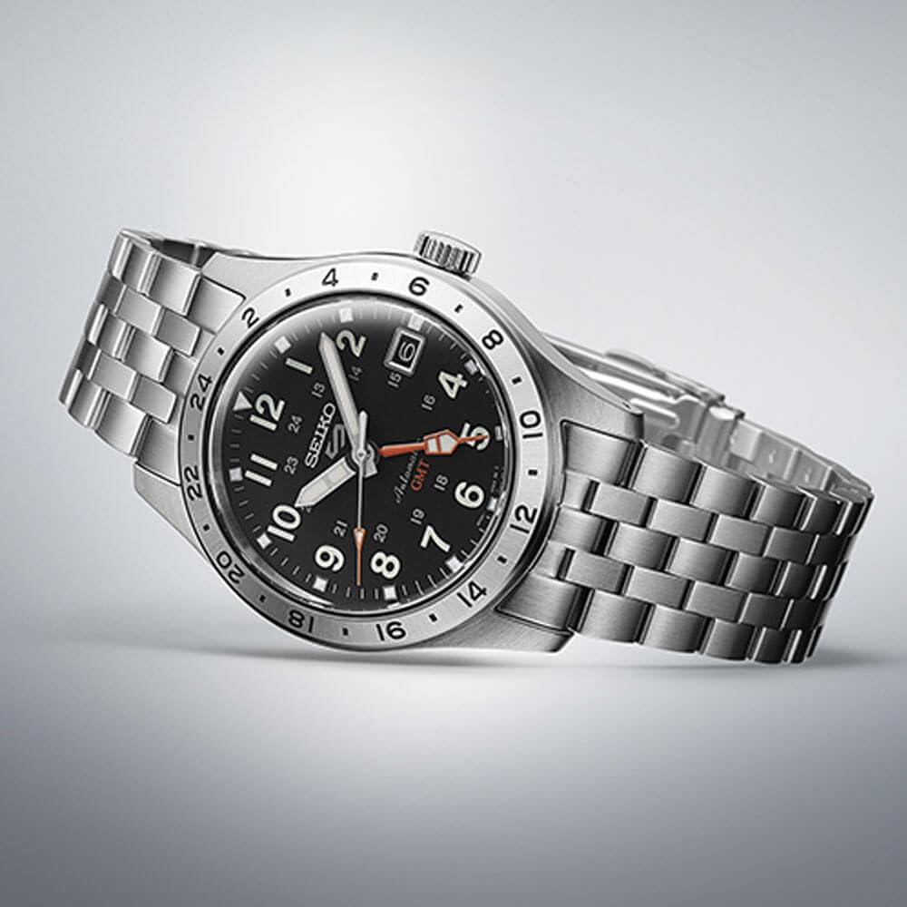 SEIKO Automatic Watch 5 Sports Collection Sports Stainless GMT Hands 100M Water Men's - - Men's Watch, Steel, - Resistant, Black, Casual.
