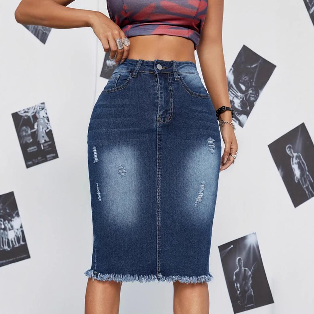 Женская облегающая юбка-миди с разрывами - Джинсовая юбка с необработанным краем