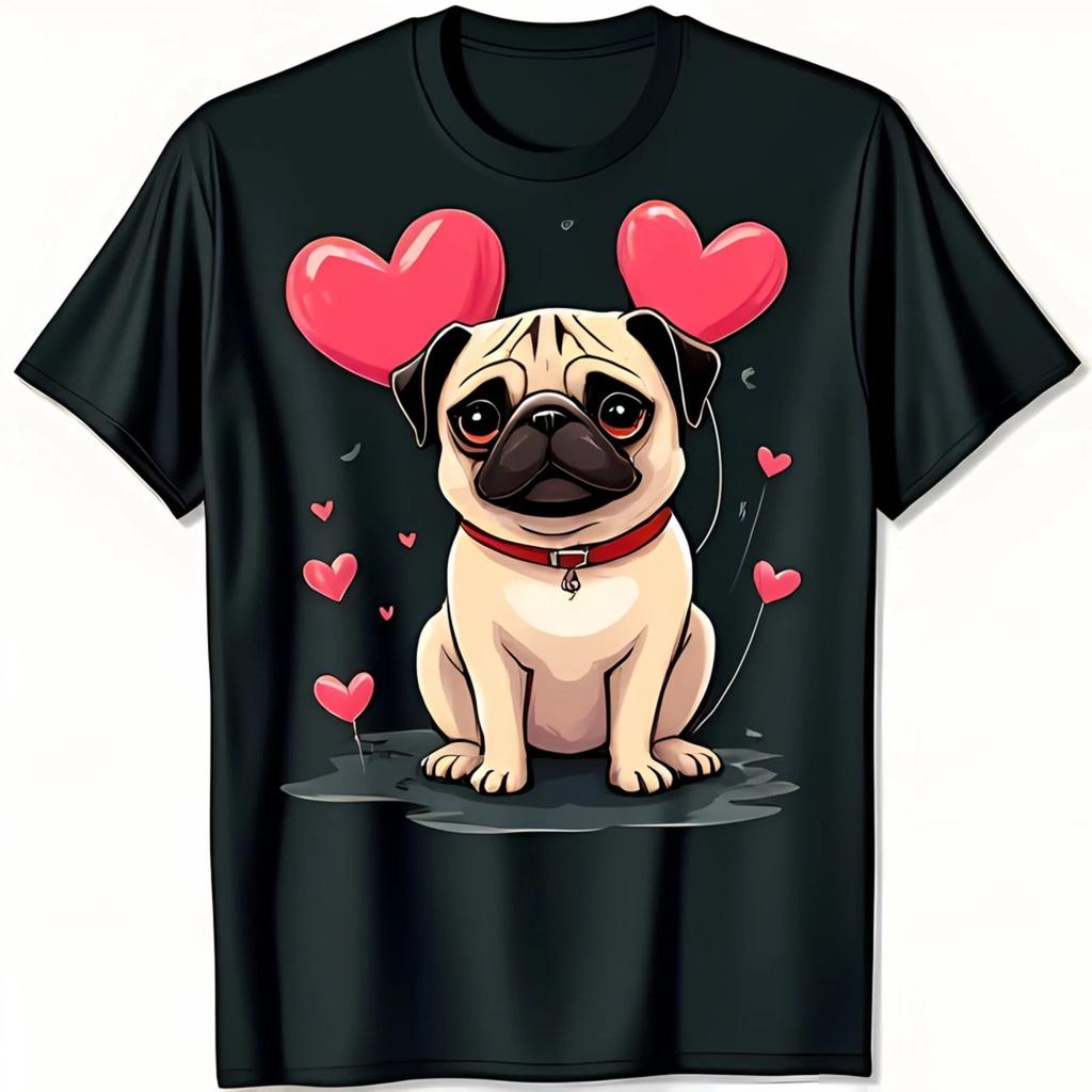 Adorable Cartoon Pug Dog T-Shirt – Cute Red Hearts Black Tee for Pug Lovers
