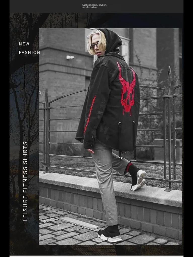 Джинсовая куртка с принтом «Череп» в европейском и американском стиле — мужское пальто с длинными рукавами и лацканами, большой размер, универсальное решение для весны и осени.