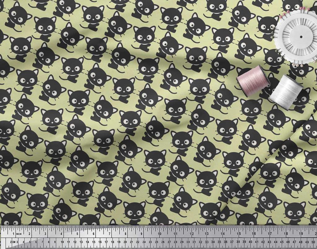Soimoi Japan Crepe Satin Fabric Cat Cartoon Print Fabric by metre 42 Inch