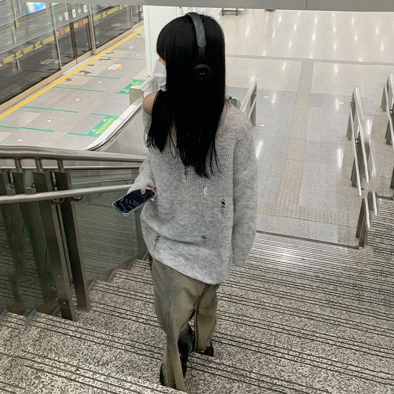 Серый вязаный ажурный свитер с защитой от солнца, женские свободные ветровые топы Y2K, тонкая верхняя одежда, пуловер, готические свитера