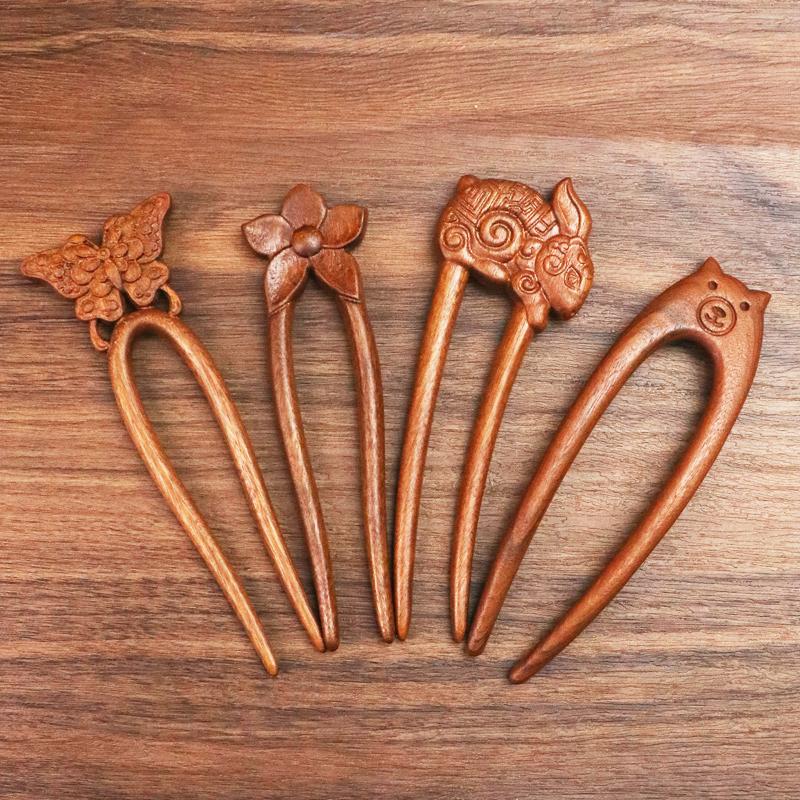 Wooden Hair Stick U-Shaped Hair Fork Cat Butterfly Chinese Style Hairpin Headwear Girl Hair Accessories