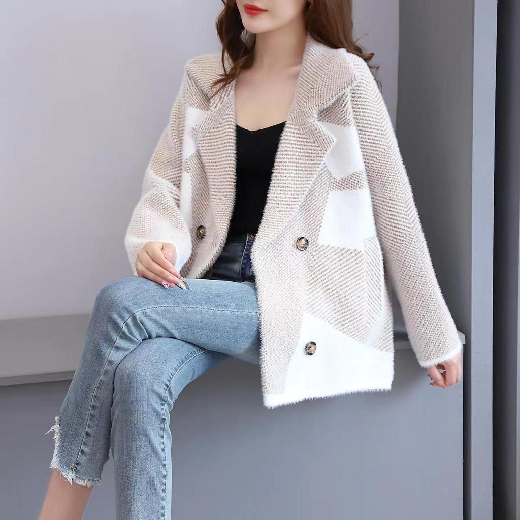 Женская куртка из искусственного норкового флиса с геометрическим жаккардом, корейская версия свободного покроя из осенне-зимнего трикотажа из двухстороннего норкового флиса