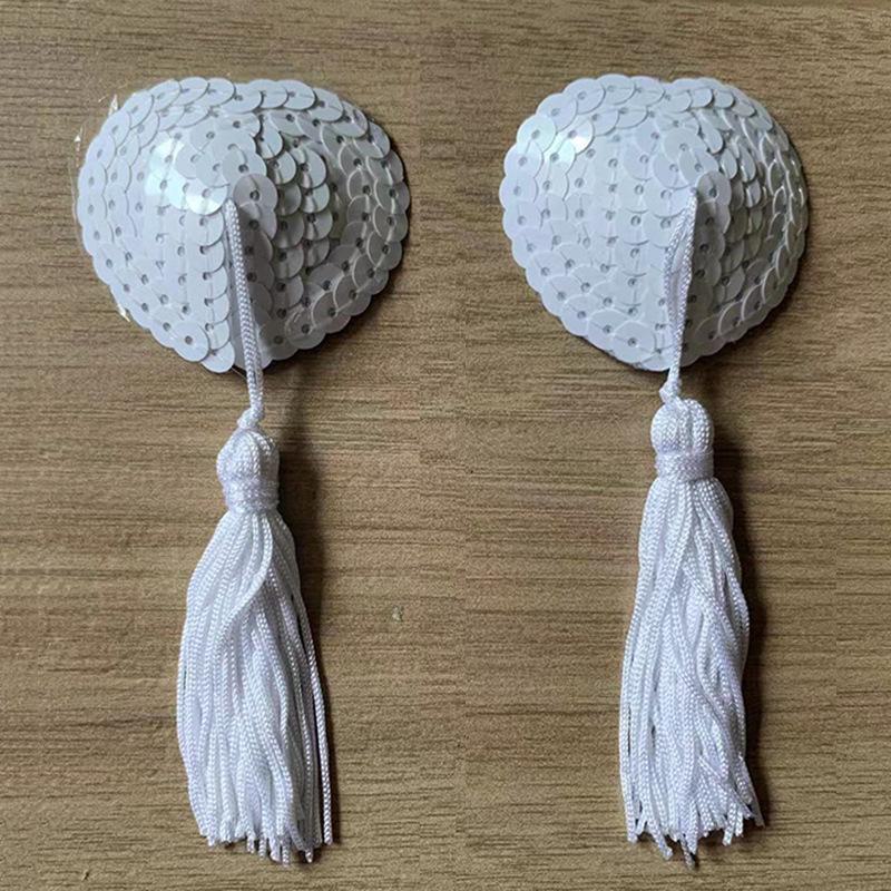Heart-Shaped Silicone Nipple Covers with Tassels and Sequins - Sexy Lingerie Accessories