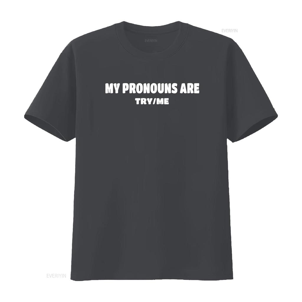 Женская футболка с надписью My Pronouns Are Try Me (Мои местоимения: Попробуй меня) Черная винтажная стирка Легкая унисекс Универсальная Удобная Повседневная Стильная
