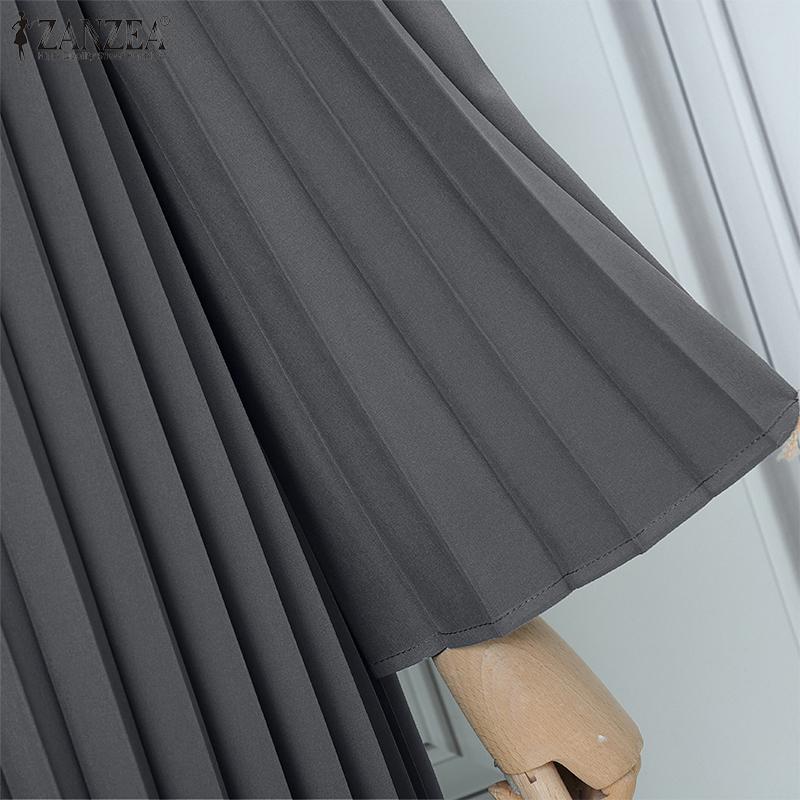 ZANZEA Женское повседневное свободное плиссированное платье с круглым вырезом и длинным рукавом