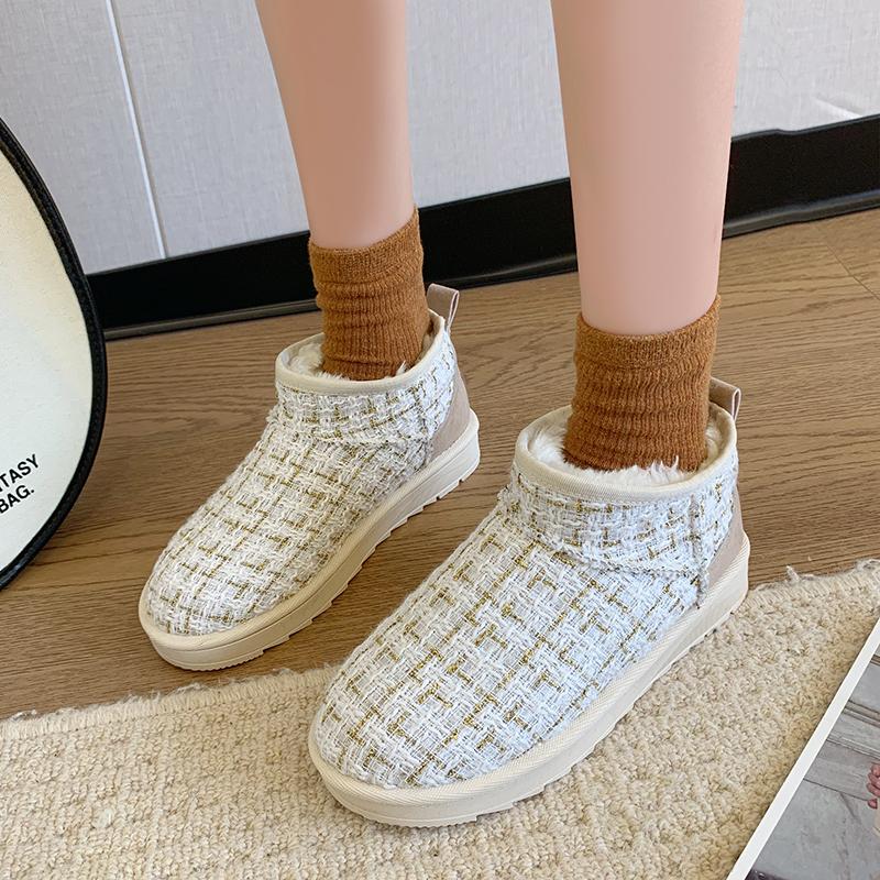 Мода Новая Мода Стиль Снежные Ботинки Короткие Зимние Сапоги из Овчины Женские Клетчатые Шерстяные Ботильоны Меховая Подкладка Теплые Ботильоны Женские Плоские Туфли