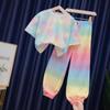 Girl 2023 Summer New Shishi Ice Silk Rainbow Gradient Color Loose T-shirt + Pants Suit 3-12 Years Old Children's Tie-dye Clothing