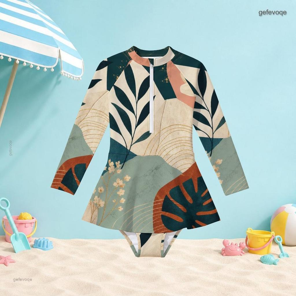Girls High Neck Long Sleeve One Piece Printed Swimsuit Front Zip Skirt Hem Beachwear