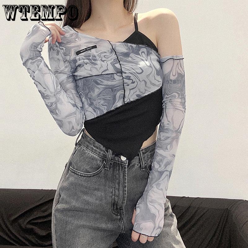 WTEMPO Женская шикарная сетчатая лоскутная футболка с длинными рукавами + внутренняя подтяжка на подтяжках, нерегулярные искусственные укороченные топы из двух предметов