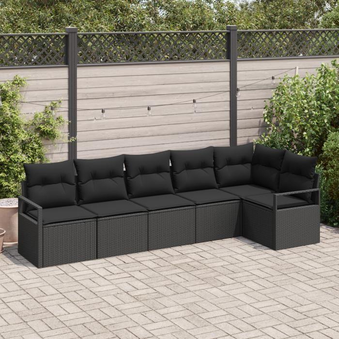 Ensemble de canapés de jardin 6 pièces avec coussins noir poly rattan, Canapé de jardin 2 places avec coussins noir poly 3346403