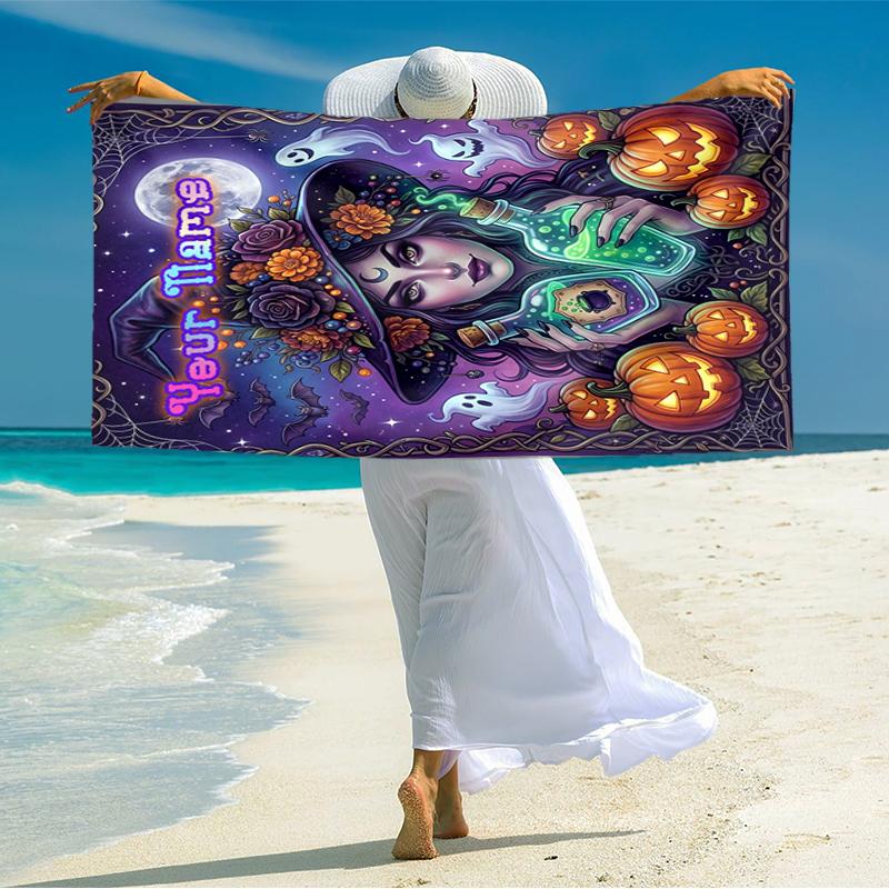 1PC Custom Name Halloween Witch Bottles Beach Towel Highly Absorbent And Sand-Resistant Towel for Swimming, Pool, Yoga, And Travel Lightweight