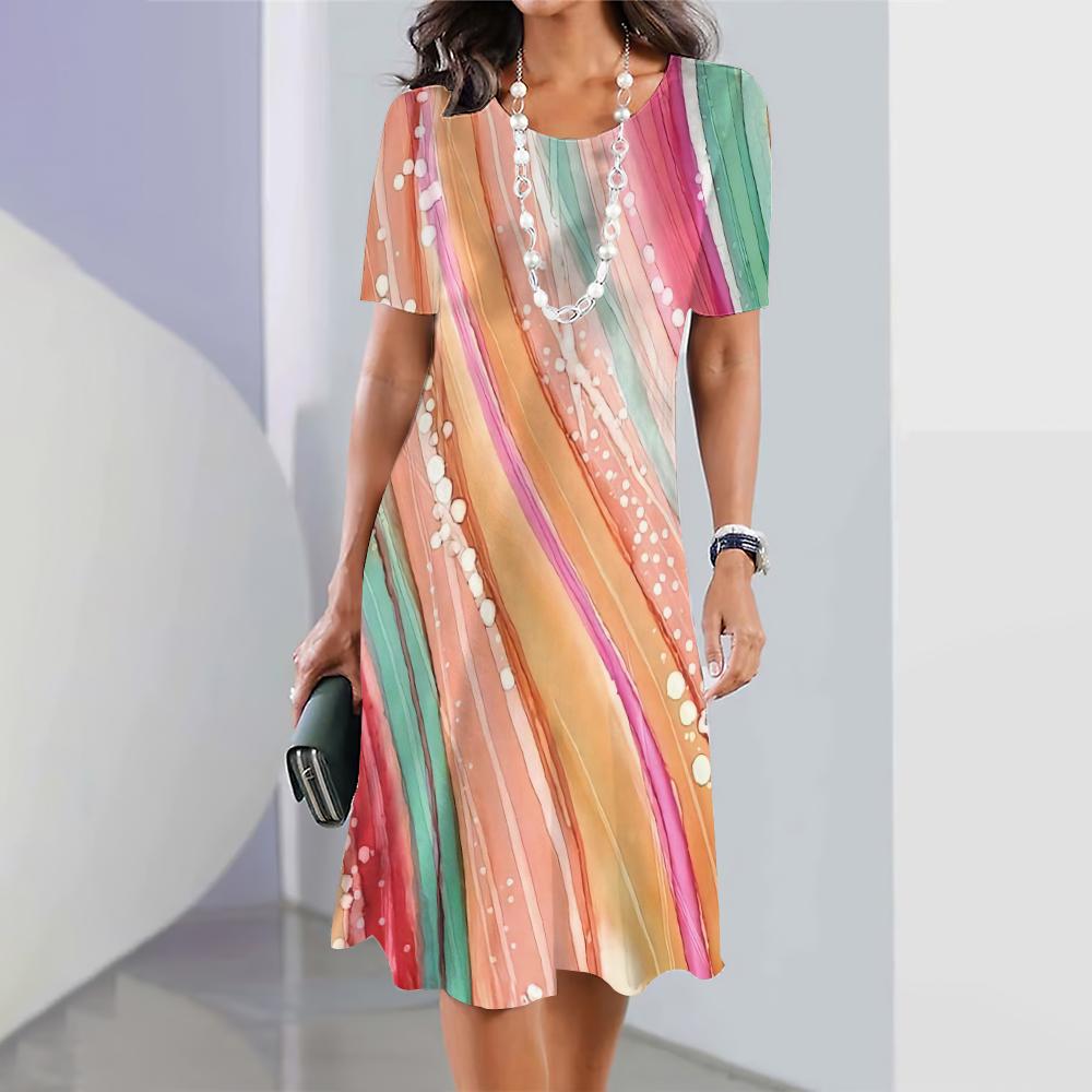 Летняя женская одежда Свободная юбка А-силуэта с короткими рукавами Стильное платье с 3D-нерегулярным принтом Женская одежда Платья с круглым воротником