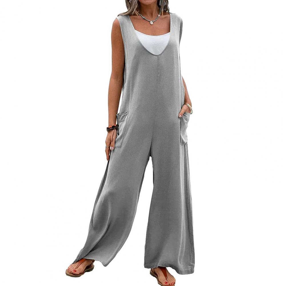 Summer Women Jumpsuit V Neck Wide Leg Deep Crotch Sleeveless Loose Solid Color Side Pockets Pullover Casual Daily Wear Full Leng