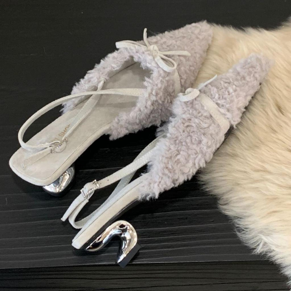 2025 French-style Fluffy High-heeled Slippers Women's Autumn and Winter Wear with Skirts, Gentle Fairy Shoes, Velvet Cotton Bag Head Half