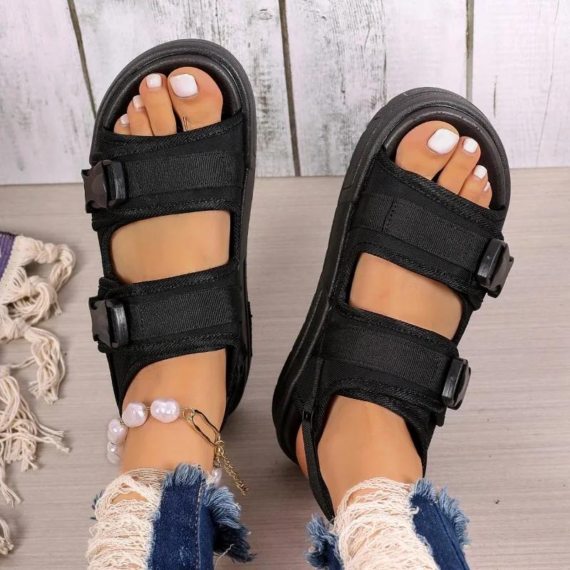 Летняя Высококачественная Женская Обувь Горячая Распродажа Большой Размер Модные Босоножки с Открытым Носком Однотонные на Среднем Каблуке с Пряжкой Римские Женские Сандалии