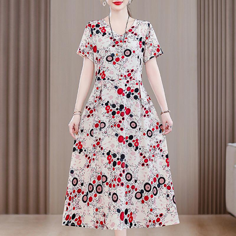 Длинное платье с винтажным принтом для женщин, повседневное летнее платье больших размеров с коротким рукавом и поясом, одежда для женщин среднего возраста
