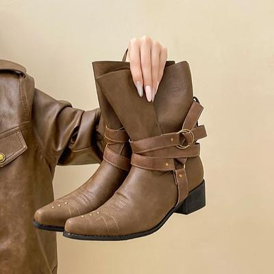 Пиаохун дизайн с кожаной пряжкой ретро стиль остроносые ботильоны на толстом каблуке женские 2025 осень и зима новые остроносые модные ботинки