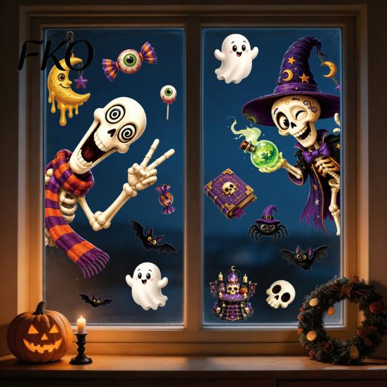 Indoor Outdoor Halloween Stickers 2 Sheets Window Clings, Cartoon Skeleton Static Stickers, Funny Classic Pattern Ghosts Bats Pumpkins for Glass Doors