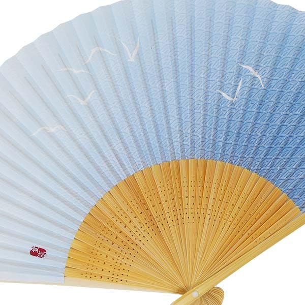 Kimono Folding White Bamboo Light Seagull and Seigaiha Pattern [Stylish Iroha] Men's Fan, Carving, Scented, Blue,