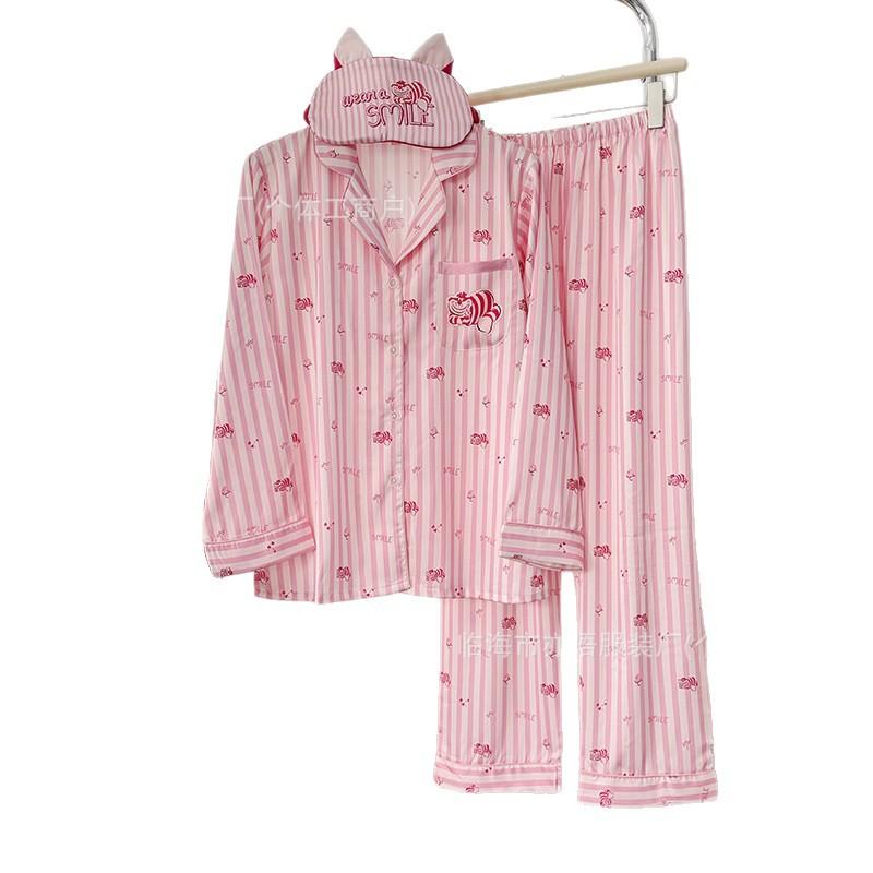 Spring new models with blindfold cute tiger ice silk pajamas women, pink lapel thin women's loungewear set