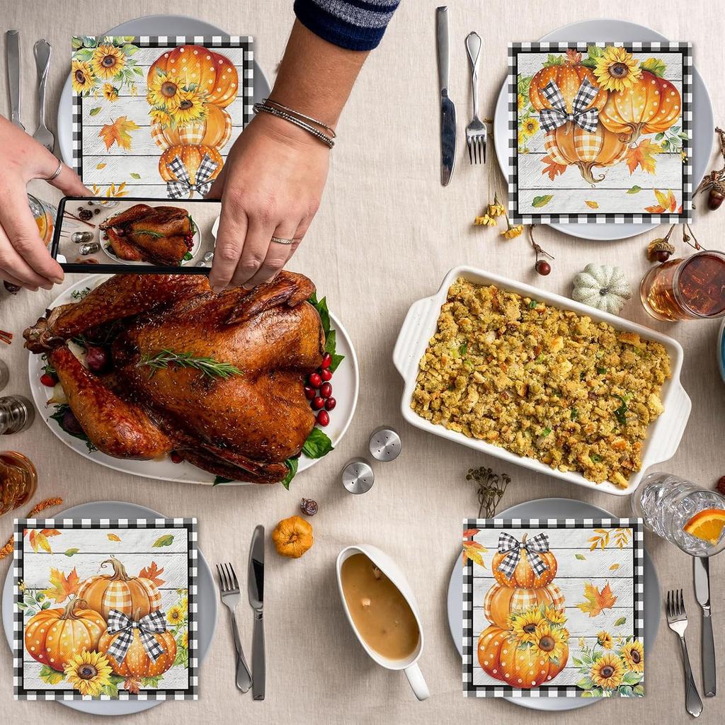 48Pcs Fall Pumpkin Paper Napkin,Fall Party Decorations Autumn Thanksgiving Party Napkin Black and White Buffalo Plaid Pumpkin Table Decorations for