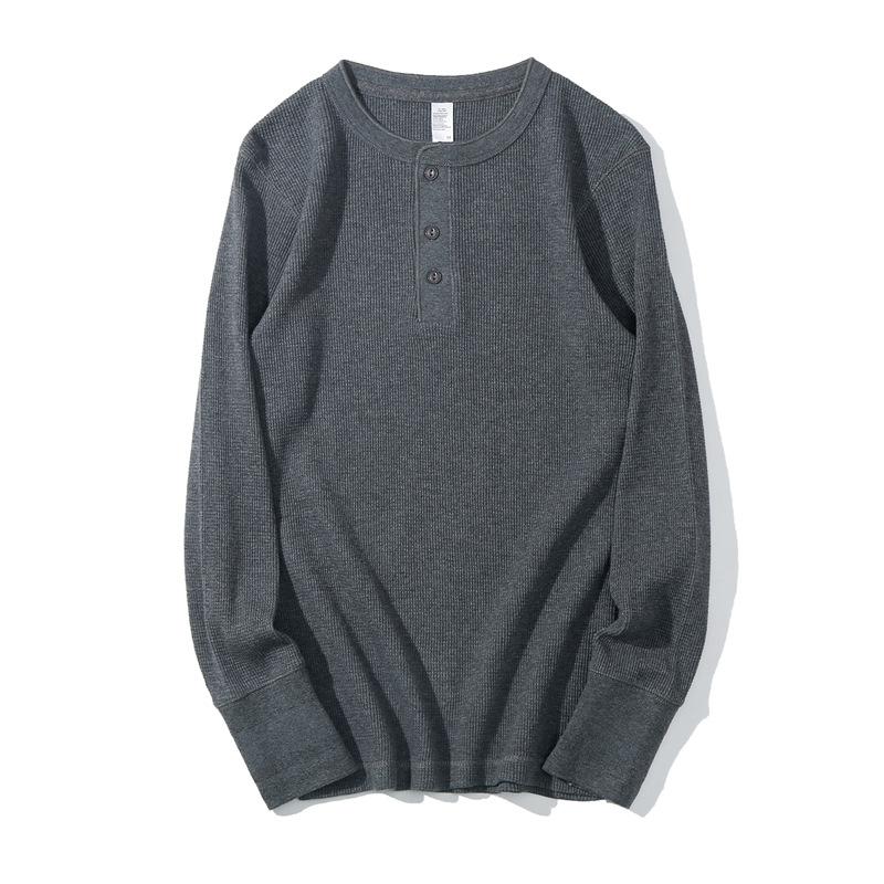 Men's Henley Long Sleeve T-Shirt Waffle Knit Heavyweight Slim Fit Casual Vintage Spring Base Layer Top