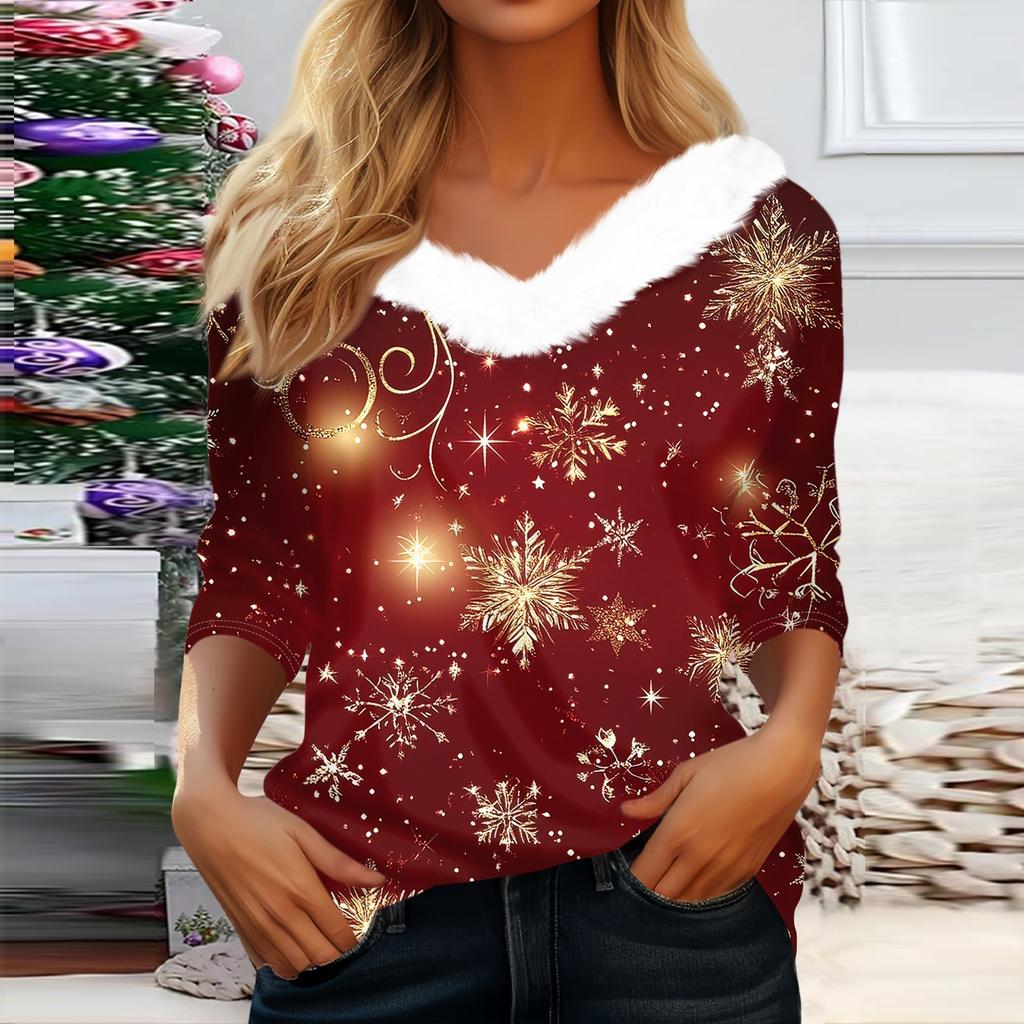 Рубашки с рукавом 3/4 для женщин, рождественские футболки с графическим принтом, блузки, повседневные базовые топы на пуговицах больших размеров, пуловеры