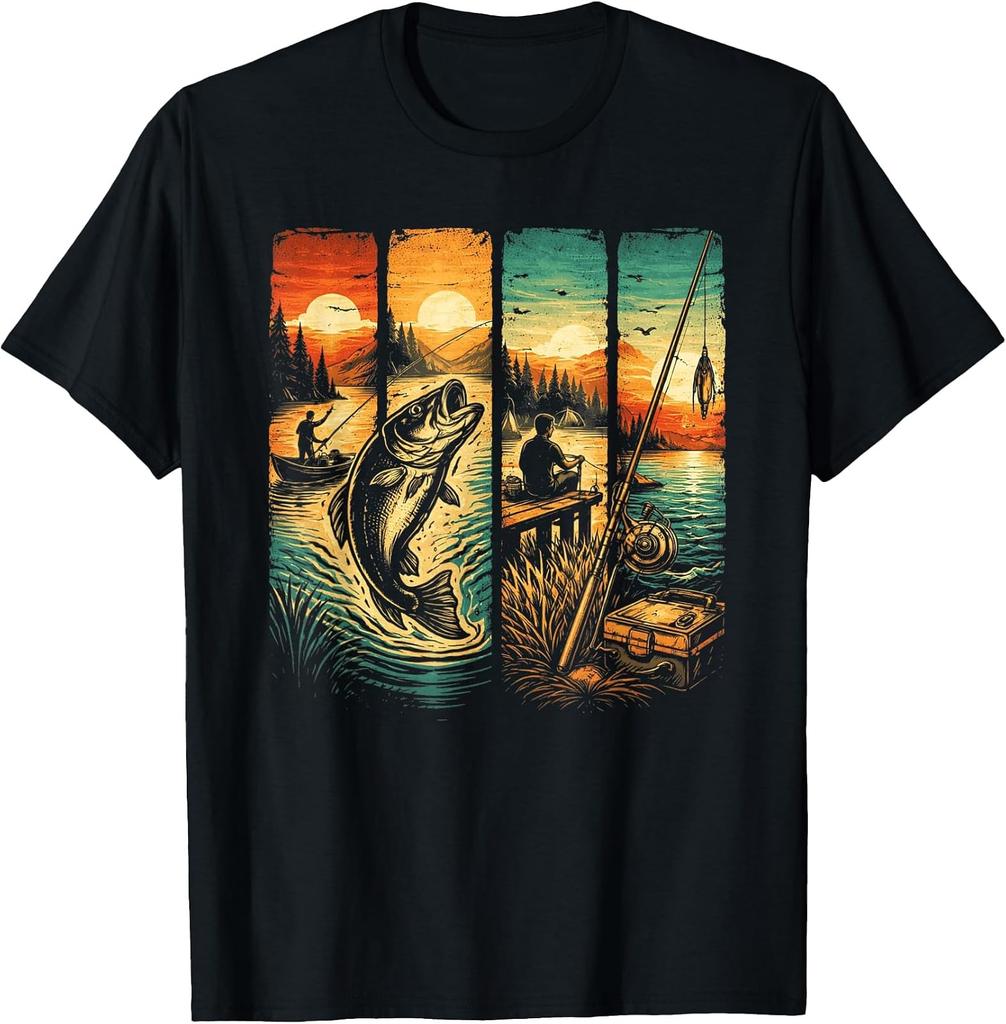 Retro Fishing Sunset Bass Lake T-Shirt for Him and Her
