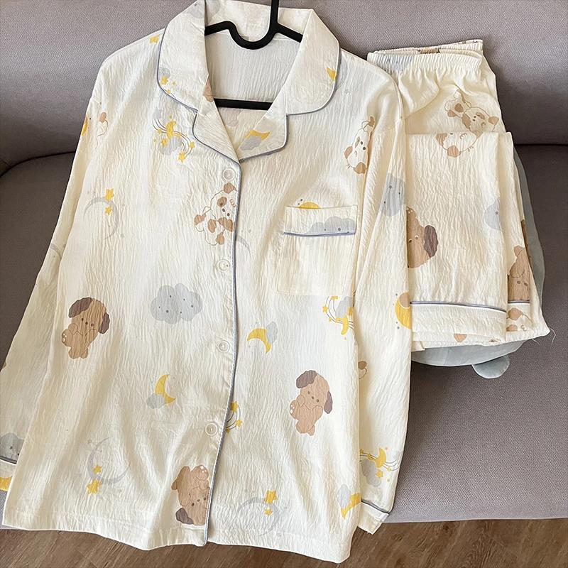 Милая пижама с рисунком луны и собаки, корейская повседневная мягкая пижама с лацканами, большой размер, весенняя домашняя одежда