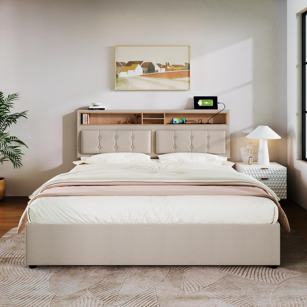 Upholstered Double Bed with USB-C Charging Headboard, Storage Bed Frame Made of Linen, Youth Bed 140x200 with Slatted Frame (With Mattress)