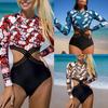 2024 Women's One-Piece Swimsuit: Digital Print, Long Sleeve, Sun Protection, High Waist