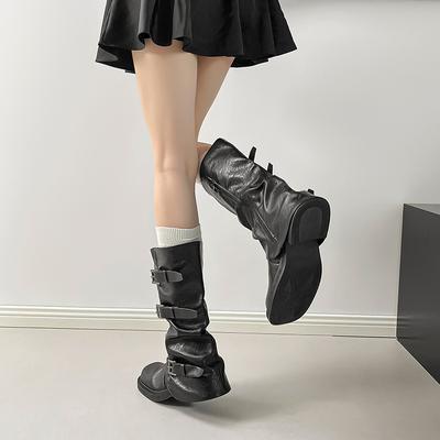 Женские ковбойские сапоги в западном стиле, новые ретро-сапоги 2025 года на толстом каблуке, с внутренней платформой, плиссированные сапоги-чулки, сапоги с длинным голенищем для брюк