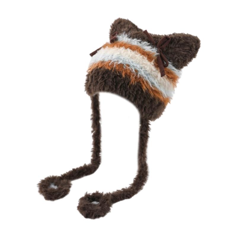 Furry Cartoon Head Cover with Ear for Outdoor Sports Striped Hat with Ear Oversized Headgear Hat for Winter