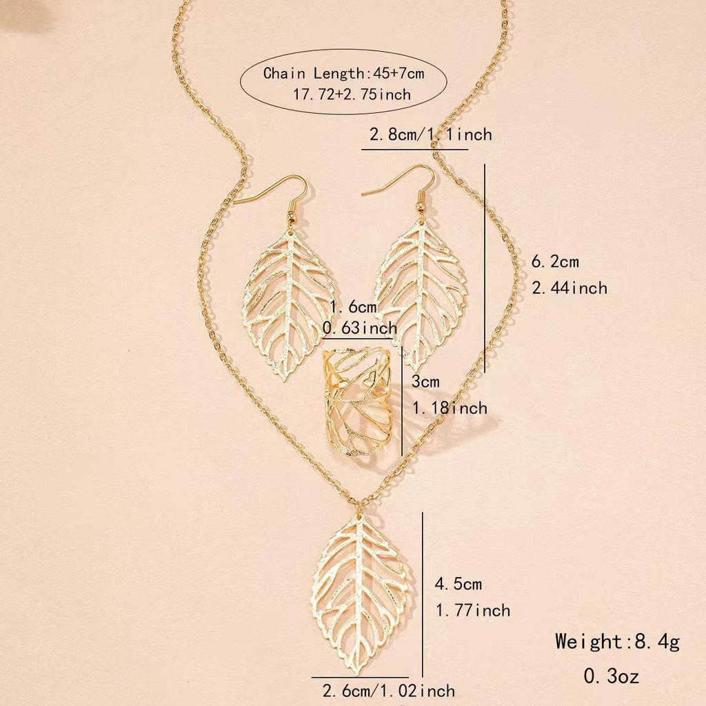 3pcs Women's Minimalist Jewelry Set Suitable for Parties Banquet Daily Wear Fashion Metal Leaf Shaped Necklace Earrings Ring Set