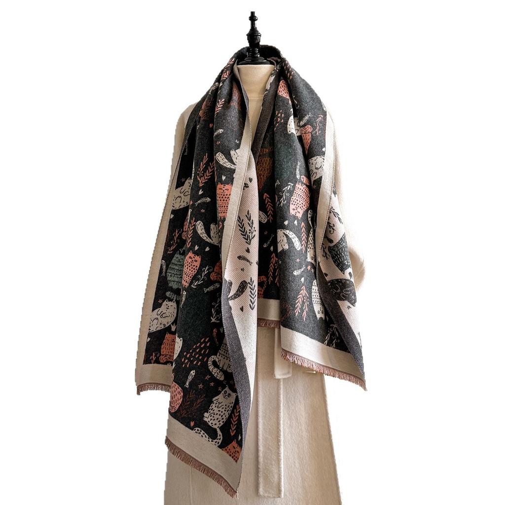 New Luxury Winter Thick Warm Abstract Cat Scarf Women Cashmere Shawl And Wraps Pashmina Neckerchief Bufanda Female Echarpe