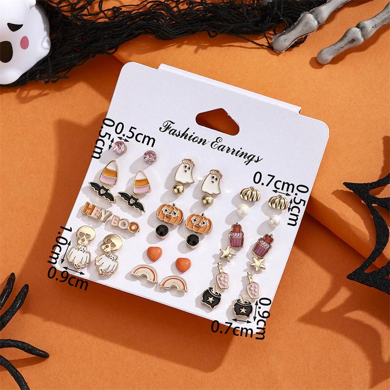 Набор из 18 пар Halloween Комбинированные Серьги для Женщин Призрак Тыква Летучая Мышь Череп Звезда Жемчуг Стразы Серьги Вечеринка Украшения Подарки