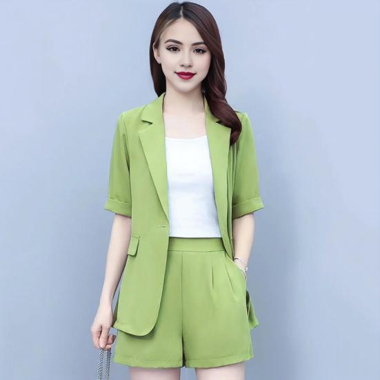 2 Piece Women Casual Outfit Lapel Short Sleeve Blazer Shorts Solid Color OL Style Single Button Blazer Shorts Set Elegant Office Suit