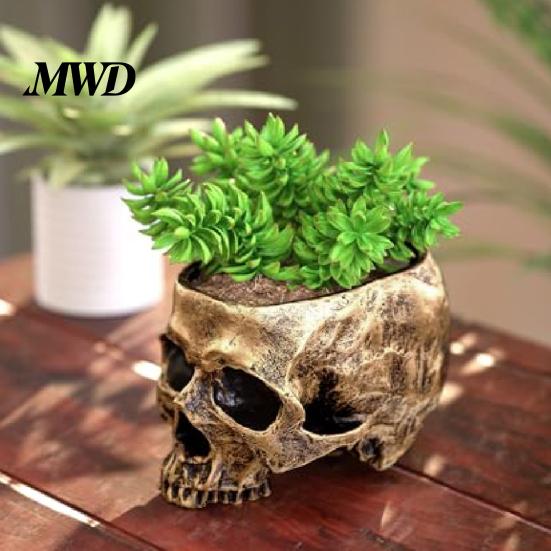 Desktop Stationery Storage Skull Planter, Resin Head Flower Pot, Halloween Candy Bowl, Spooky Skeleton Planter Gothic Decoration for Tabletop Home Bar