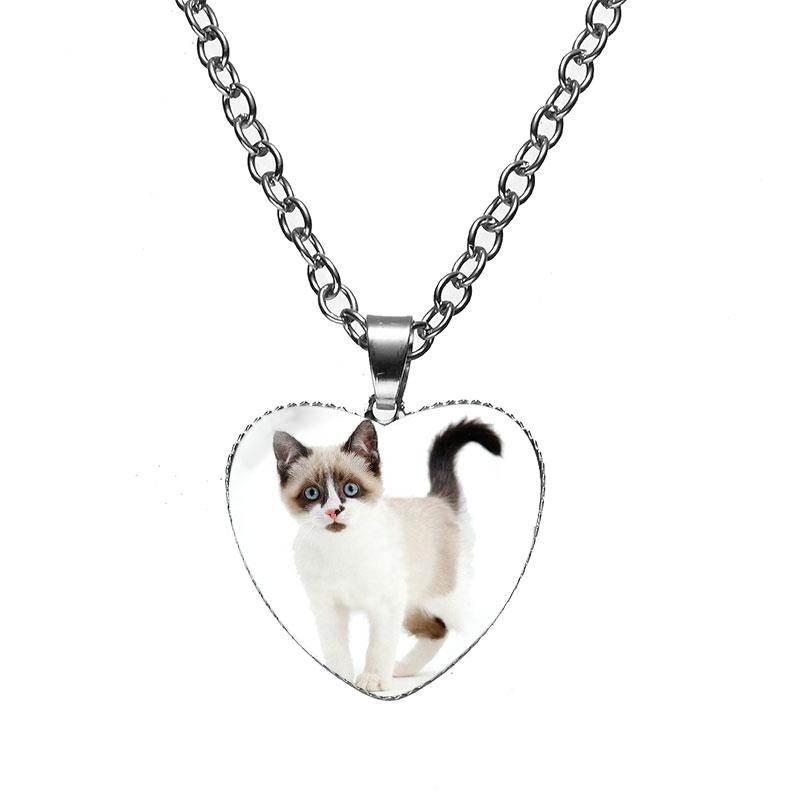 Женская мода милый питомец котенок стеклянный кабошон сердце форма ожерелье кулон ожерелье ювелирные изделия аксессуары подарки