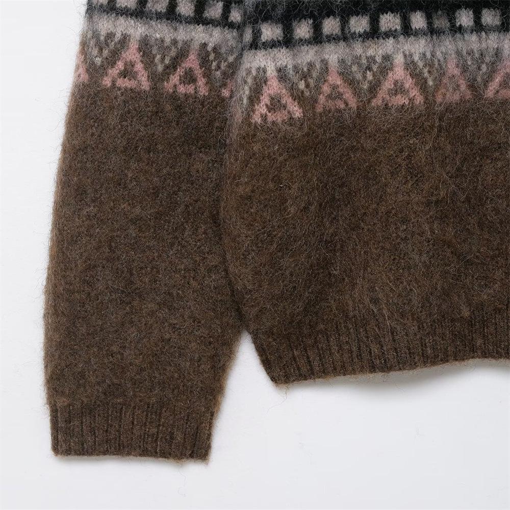 European Autumn/Winter Women's Casual Color-Washed Jacquard Knit Pullover Sweater