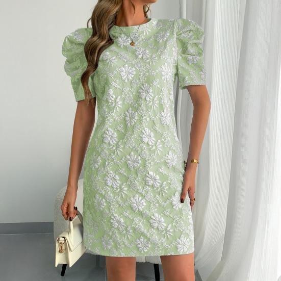 Женское фактурное жаккардовое платье с круглым вырезом и короткими рукавами-фонариками, платье А-силуэта, летние мини-платья с цветочным принтом, короткое вечернее платье